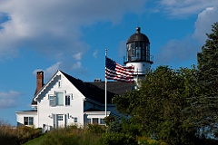 American Flag in Front of Cape Elizabeth Lighthouse in Maine